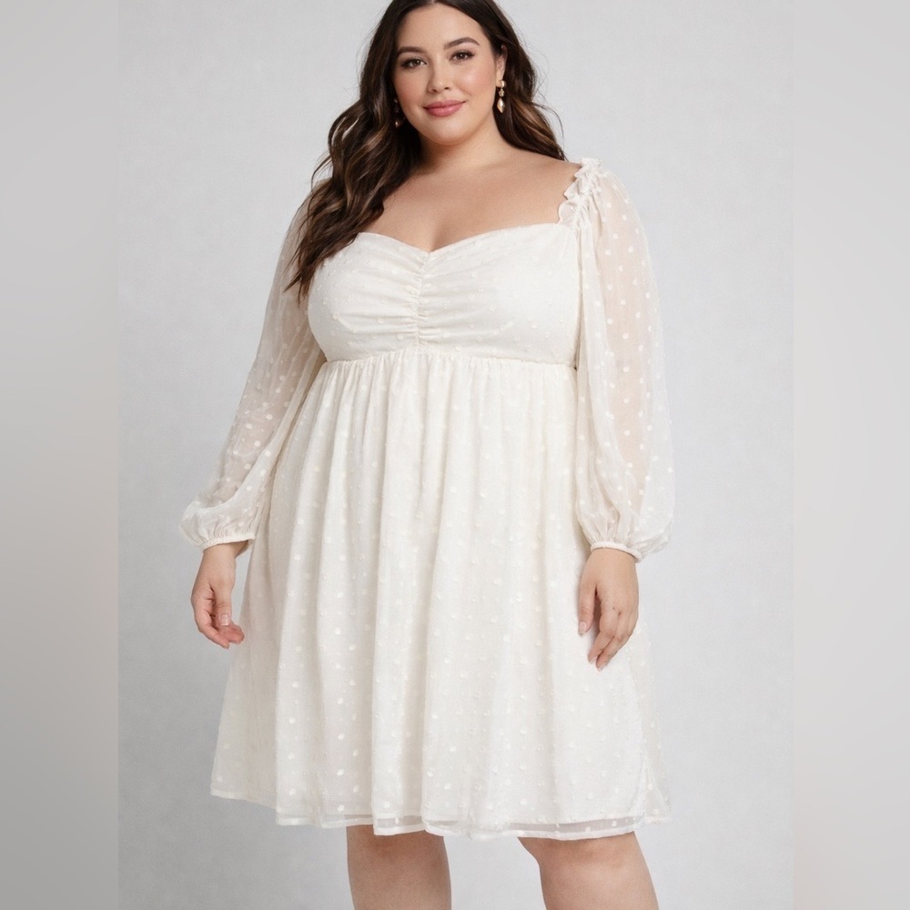 ModCloth Dress Women XL Babydoll Polka Dot Ivory White Ruffled Long Sleeve B2